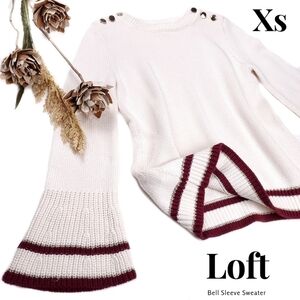 New Loft Cream Red Trim Gold Button Bell Sleeve Sweater Sz Xs